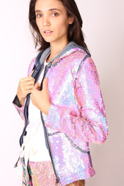 SEQUIN HOODIE DENIM JACKET - sustainably made MOMO NEW YORK sustainable clothing, preorder slow fashion