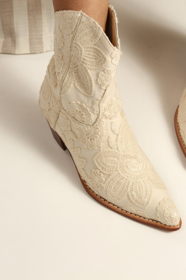 SHORT CREME LACE EMBROIDERED BOOTS NADY - sustainably made MOMO NEW YORK sustainable clothing, boots slow fashion