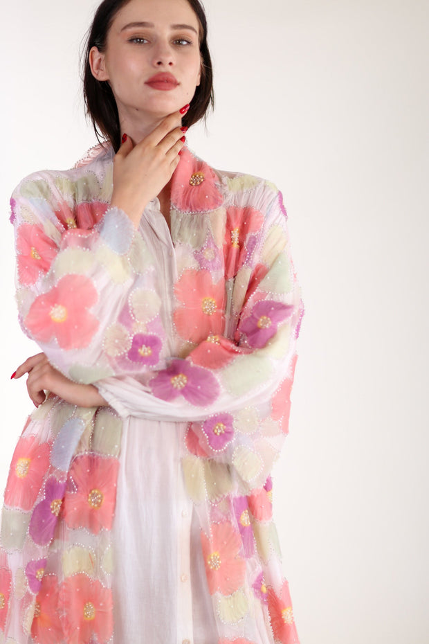 SILK FLOWER EMBELLISHED KIMONO ULISA - sustainably made MOMO NEW YORK sustainable clothing, Kimono slow fashion