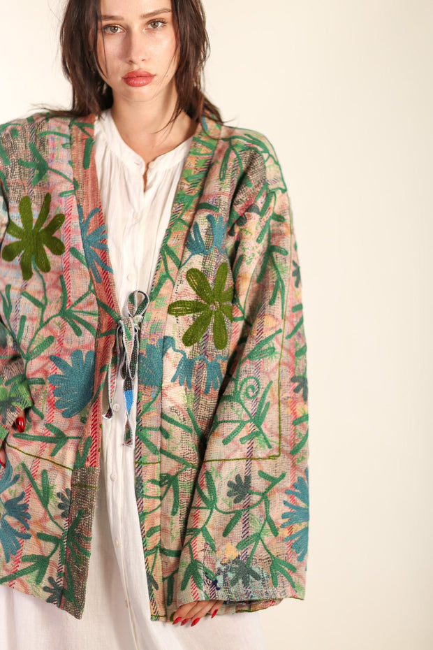 VINTAGE EMBROIDERED FABRIC KIMONO OLAO - sustainably made MOMO NEW YORK sustainable clothing, Kimono slow fashion