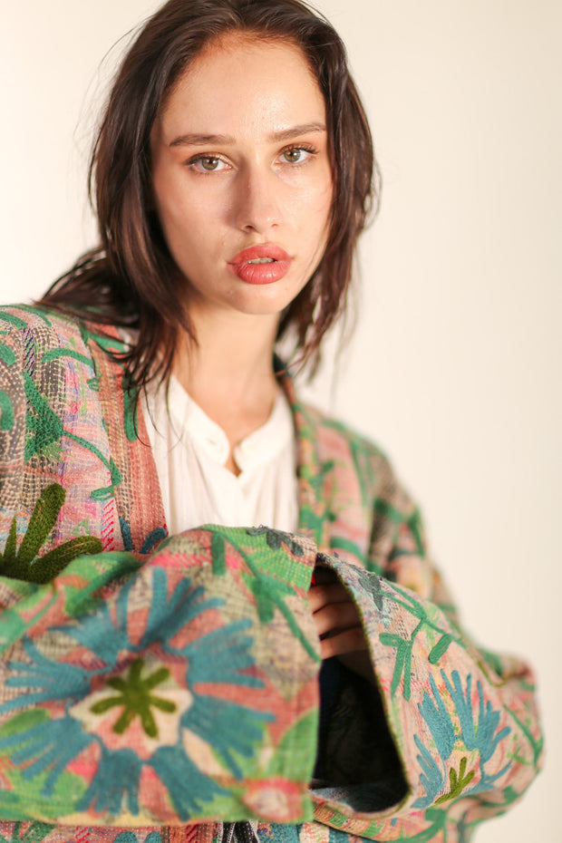 VINTAGE EMBROIDERED FABRIC KIMONO OLAO - sustainably made MOMO NEW YORK sustainable clothing, Kimono slow fashion