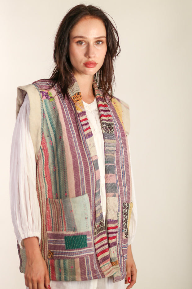VINTAGE KANTHA QUILT VEST TINE - sustainably made MOMO NEW YORK sustainable clothing, Kimono slow fashion
