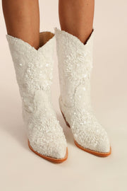 WHITE EMBROIDERED SEQUIN WEDDING BOOTS ODE - sustainably made MOMO NEW YORK sustainable clothing, boots slow fashion