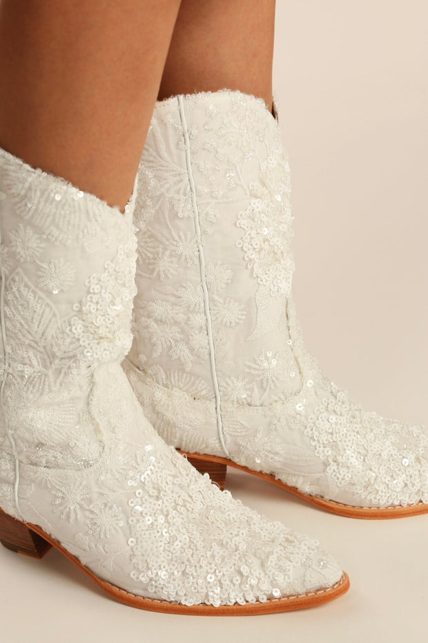 WHITE EMBROIDERED SEQUIN WEDDING BOOTS ODE - sustainably made MOMO NEW YORK sustainable clothing, boots slow fashion