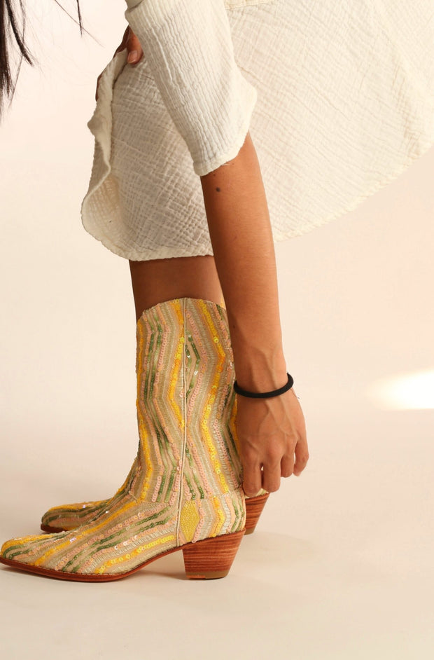 YELLOW WESTERN SEQUIN EMBROIDERED BOOTS SILK MADELAIN - sustainably made MOMO NEW YORK sustainable clothing, boots slow fashion