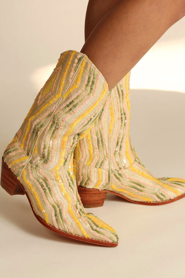 YELLOW WESTERN SEQUIN EMBROIDERED BOOTS SILK MADELAIN - sustainably made MOMO NEW YORK sustainable clothing, boots slow fashion